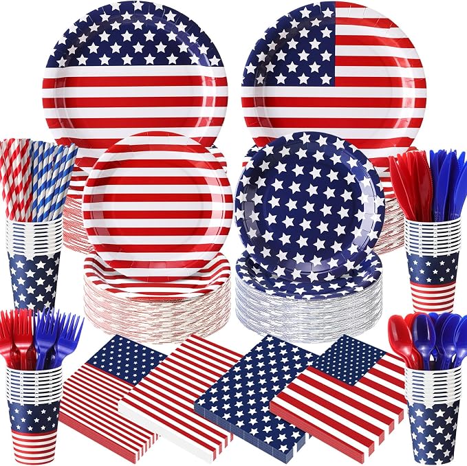 450 Pcs 4th of July Patriotic Tableware Set Decorations USA Red White Blue by Unknown