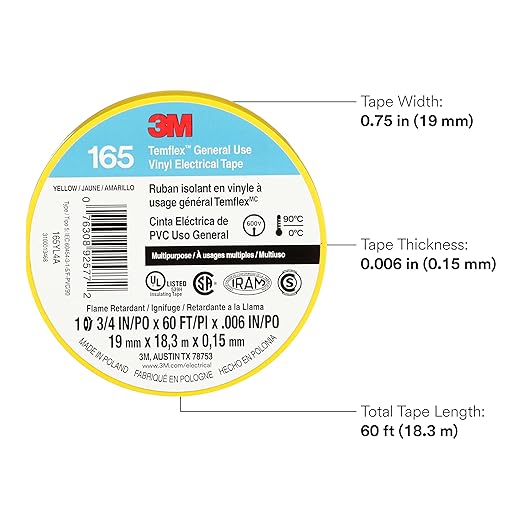 3M Temflex Multi-Purpose Vinyl Electrical Tape 165, Yellow, 3/4 in x 60 ft (19 mm x 18 m), 10 Roll Pack