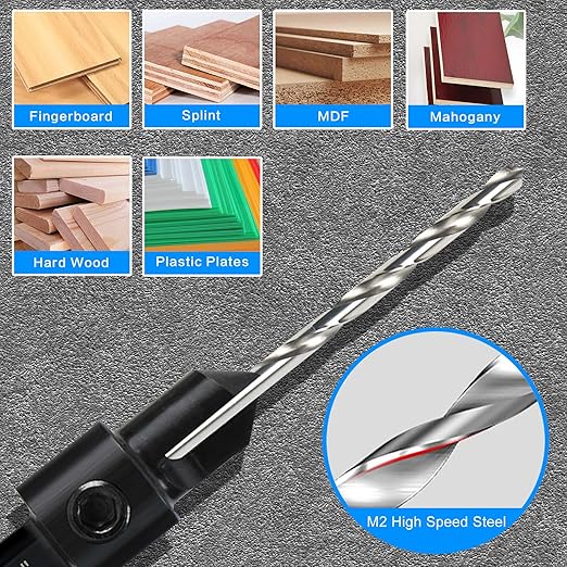 7 Pcs M2 Countersink Drill Bit Set, 3in1 Wood Pilot Countersink Drill Bits for #4#6#8#10#12 Screws Holes, with Adjustable Depth Stop,Quick Release Hex Shank, 2-Allen Wrench