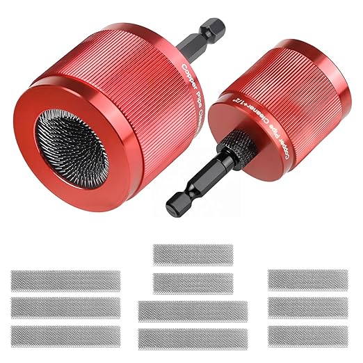 1/2" & 3/4" Copper Pipe Cleaner Set for Drill, with 1/4" Hex Shank & 10 Brush Blades Plumbing Tools for Removing Rust, Stains & Paint from Copper & Metal Pipes