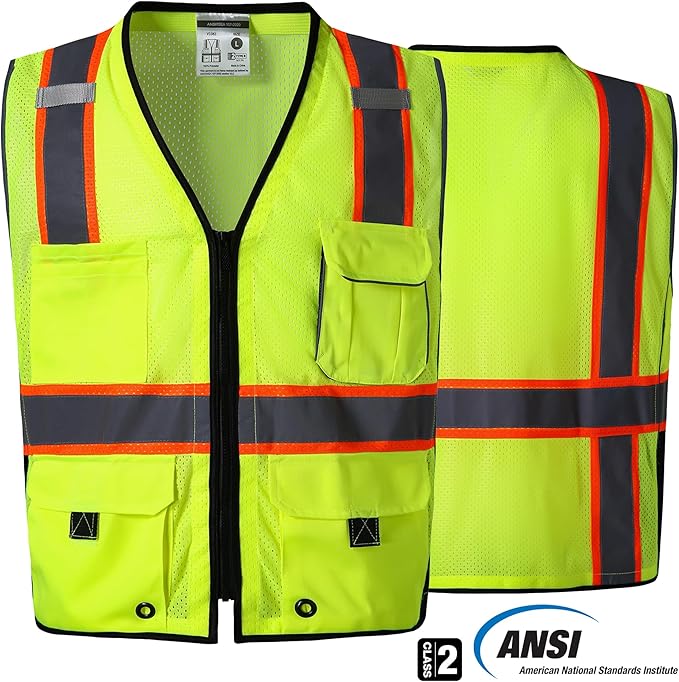 SKSAFETY 10 Pockets Professional level Safety Vest, Class 2 High Visibility Security Vest with Zipper, Hi Vis Vest with Reflective Strips, ANSI/ISEA Standard, Construction Work Vest（Lime, XL）