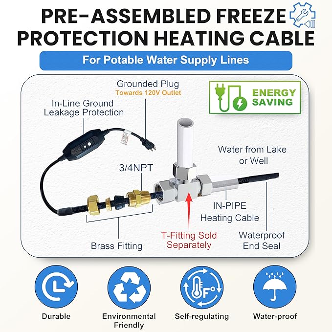 MAXKOSKO In Line Self Regulating Heating System,CSA Certified, Can be Used in Both Plastic and Metallic Pipes, In Pipe Freeze Protection Heating Cable, 100 Ft 120V