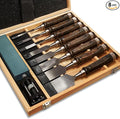 SELFIE CAT 8 Piece Wood Chisel Set for Woodworking Tools Wood Carving Tools with Wooden Case and Sharpening Stones Wood Carving Kit for Beginners and Professionals Black Walnut