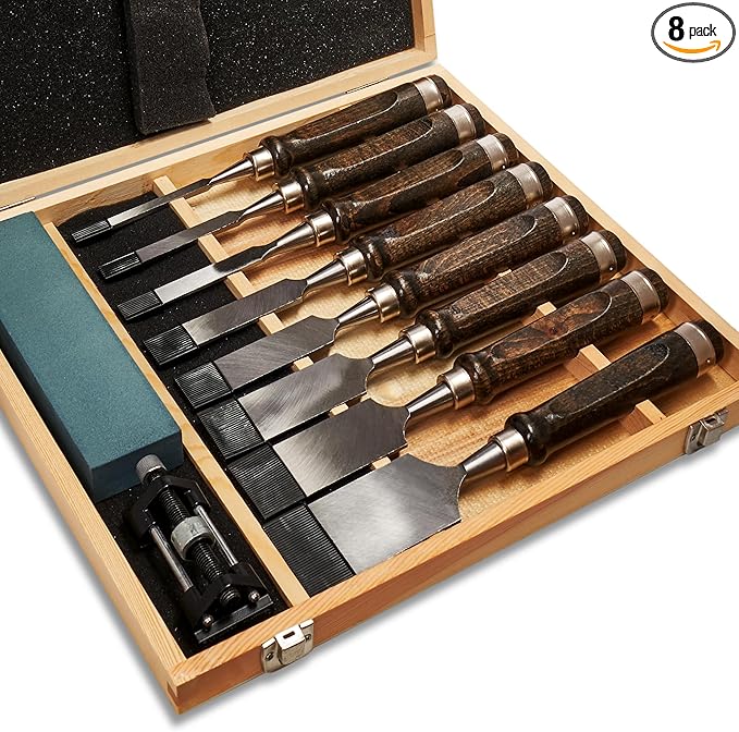 SELFIE CAT 8 Piece Wood Chisel Set for Woodworking Tools Wood Carving Tools with Wooden Case and Sharpening Stones Wood Carving Kit for Beginners and Professionals Black Walnut
