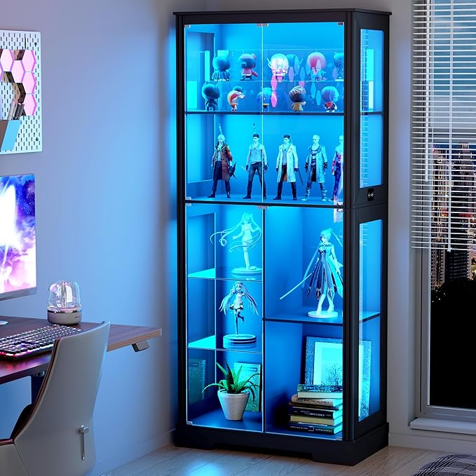 71” Display Cabinet with Glass Doors, LED Curio Cabinet with 3 Lights by LVifurSmartFurniture