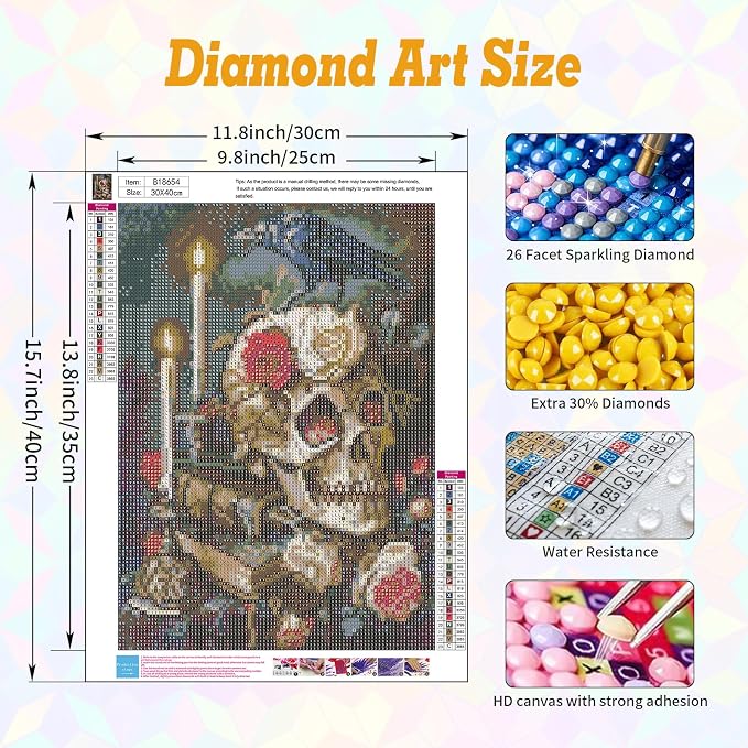Skull Diamond Art Kits for Adults Beginners 12x16 in, DIY Craft Gift | Skeleton - Image 3