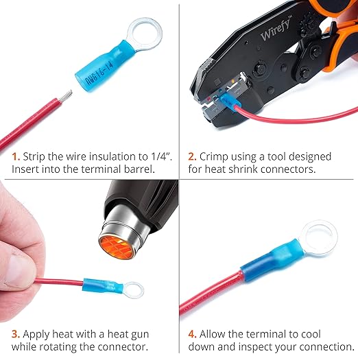 Wirefy 130 PCS Heat Shrink Ring Terminals 1/4" - a Resistant Ring Connectors - Eyelet Wire Connectors - Blue 16-14 AWG