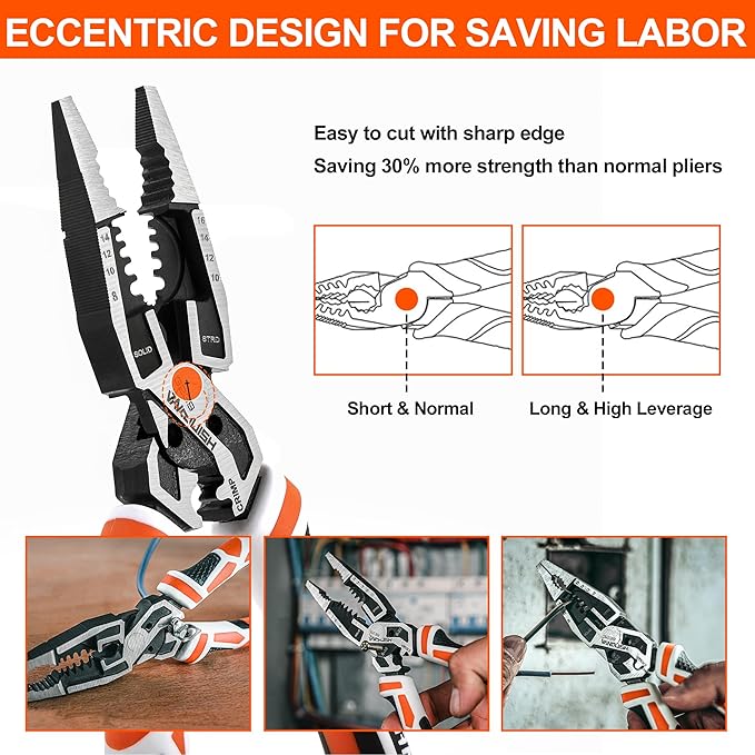 VANQUISH 10-in-1 Long Nose Pliers, 8‘’ Multipurpose Combination Pliers Wire Cutter/Crimper/Stripper, CRV Steel, Heavy Duty Side-Cutting Pliers for Crimping, Stripping, Shearing, Deburring, 3239