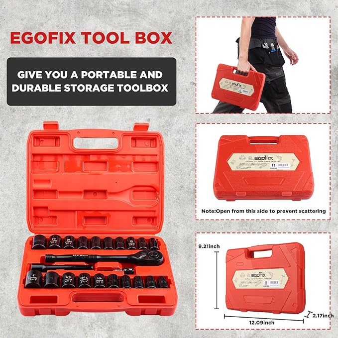 1/2" Drive Impact Socket Rachtet Wrench Set, 23 Piece Metric (13-19, 21, 22, 24mm) and SAE (7/16 to 1 inch) Tool Set with Storage Box for Auto Repairing