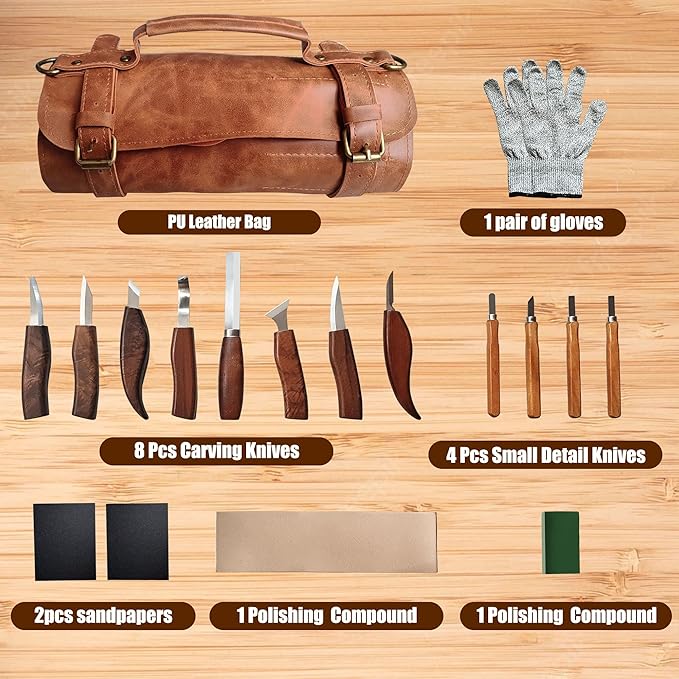 ZGROCK Wood Carving Kit Deluxe Whittling Knife Set 18PCS Wooden Carving Tools with Large PU Leather Case for Beginner Carpenter Experts