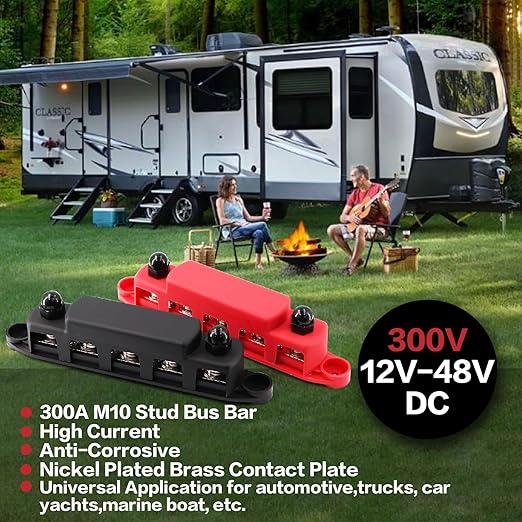 300A Bus Bar 5 Post 12V-48V DC Power Distribution Block,5 * 3/8"(M10) Battery Terminal Studs with Cover and Wire Lugs for Wiring,Automotive,Marine,Battery busbar (Red&Black)