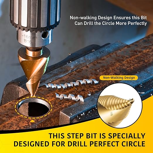 3 Sizes M2 Step Drill Bit, 7/8", 1-1/8", 1-3/8" Titanium Cone Drill Bits for Steel Metal Sheet Hole Drilling Cutting, Multiple Hole Sprial Unibit, Stepped Up Bits Home Tools