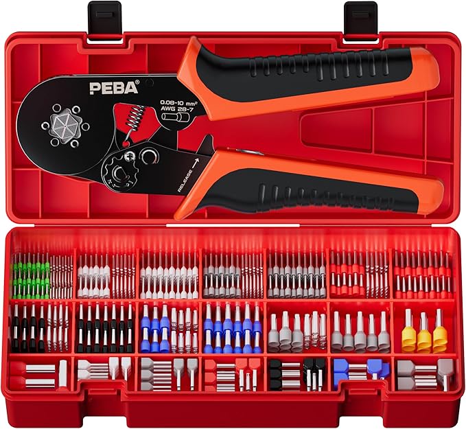 PEBA Ferrule Crimping Tool Kit, Hexagon Pliers AWG28-7 & 28 Sizes Ferrules(AWG24-8) for Electrical Wiring/DIY Terminals | Self-Adjusting Ratchet Crimper - Copper Ferrule Kit