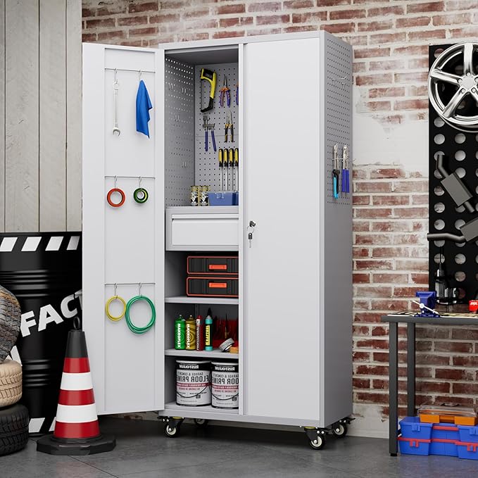 Metal Garage Storage Cabinet with Wheels and Lockable Doors, 71" H Rolling Tool Cabinet with Pegboard,Hooks and Drawer for Garage Warehouse Home,Required Assembly,Grey and White