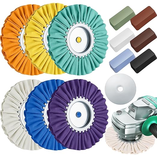 Amylove 8 Inch Airway Buffing Wheels Aluminum Wheel Polishing Kit in Diameter 5/8 Inch Arbor Hole, Polishing Compound and Metal Polish Kit for Angle Grinder(Multicolor,12 Pcs)