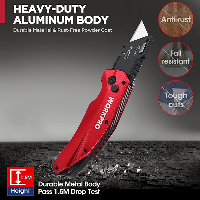WORKPRO Folding Utility Knife, Heavy Duty Metal, Quick Open Axis Lock Box Cutter, Quick Change Blade Razor Knife, 1PC with 10 Extra SK5 Blades