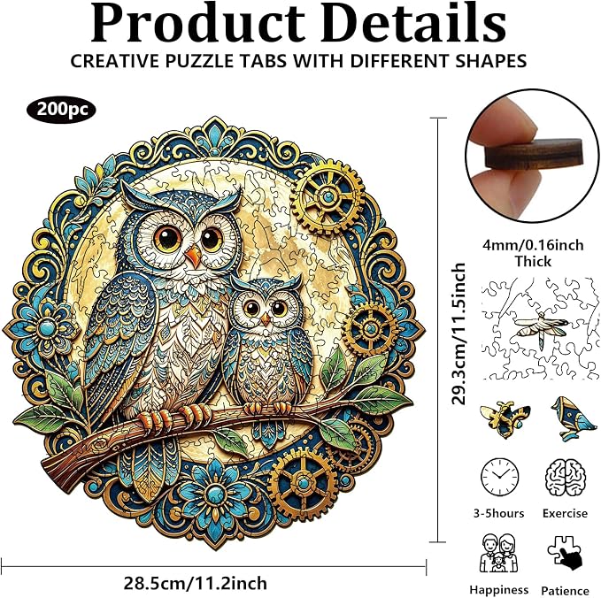 200pcs Wooden Puzzles for Adults Unique Animal Shaped Pieces Boho Mandala Owl - Image 2