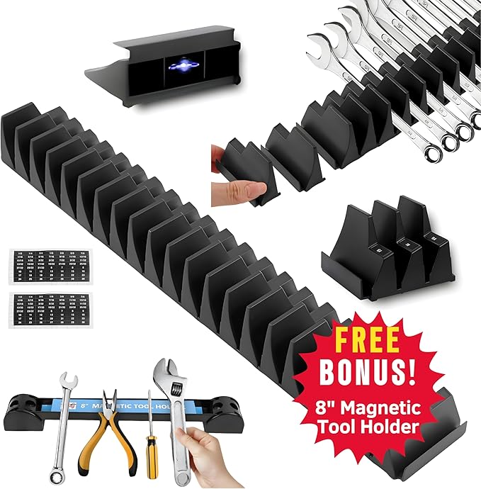 46PCS Magnetic Modular Wrench Organizer with 8" Magnetic Tool Holder, Wrench Rack for Tool Box Drawer, SAE & Metric Labels, Space-Saving Storage, Gift for Professional Mechanics Men, Black