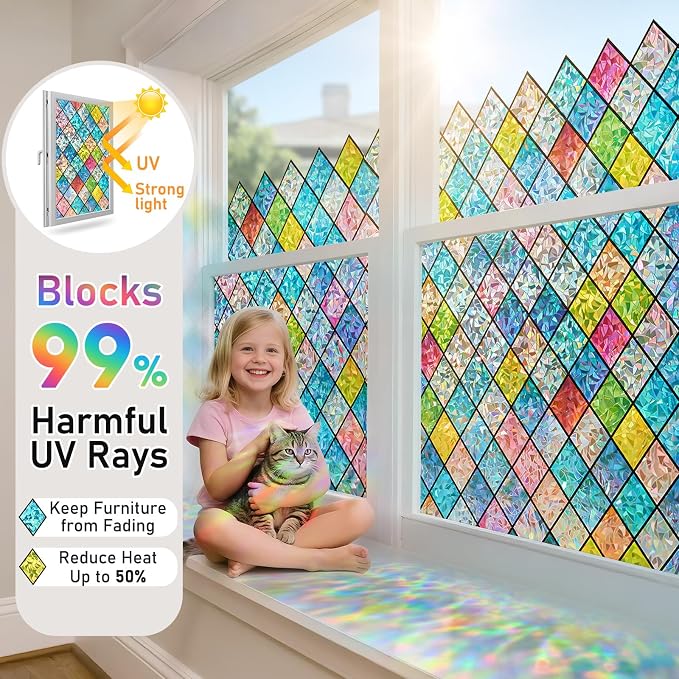 Sunbaby Window Privacy Film Stained Glass Decorative Rainbow Window Cling 3D - Image 3