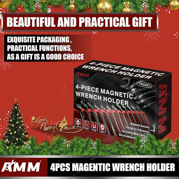AMM 4 Pack Magnetic Wrench Organizer, 48-Slot Magnetic Wrench Holder for Tool Box Drawer Chest&Wall Mounted, SAE(1/4" - 1-1/16") and Metric 6mm-24mm