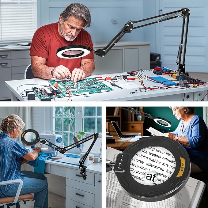 Ultra Long 3-Section Swing Arm 12X 30X Magnifying Glass with Light and Stand, 4-Way Large Strong Metal Clamp Lighted Magnifier Lamp, 5 Color Modes LED Magnifying Lamp for Workbench Crafting