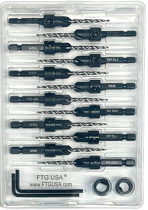 FTG USA 12 Pc #6 (9/64") Countersink Drill Bit Set with Depth Stop Collar, Hex Wrench - Tapered Drill Bits for Wood