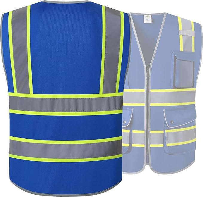 JKSafety 9 Pockets Hi-Vis Safety Vest High Visibility Reflecitive Safety Vests for Men and Women Work Utility PPE Work Gear ANSI/ISEA compliant (902-Blue 5XL)