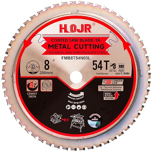 Metal Cutting Circular Saw Blade, Steel and Stainless Steel Cutting, The Cutting Head uses a Special Anti-Heat Sticking Coating with high Finish and Long Life, FMB 8 inch 54-Tooth 1" -TA