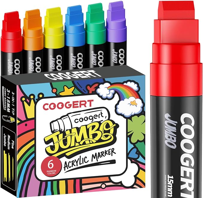 Coogert 6 Rainbow Colors Jumbo Poster Markers, 15MM Thick Permanent Acrylic by CoogertPaintPens