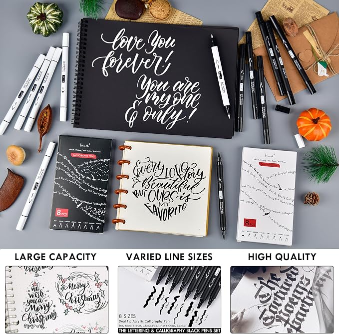 Brusarth Calligraphy Pens, 8 Size Dual Tip Black Acrylic Calligraphy markers - Image 3