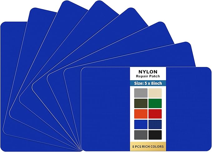 KING MOUNTAIN Self Adhesive Nylon Fabric Repair Patch, 5×8 Inches 8 Pcs, Quick Down Jacket Repair Patch, Waterproof Outdoor Gear Patch Kit for Tent,Backpacks,Umbrella, Gloves, Sleeping Bag (Blue