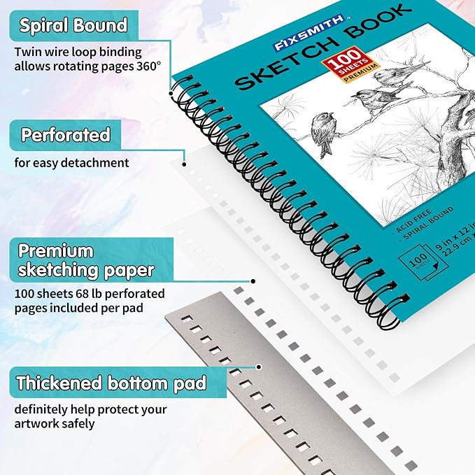 FIXSMITH 9"X12" Teal Sketch Book, 100 Sheets Spiral Sketchbook, Acid Free - Image 3