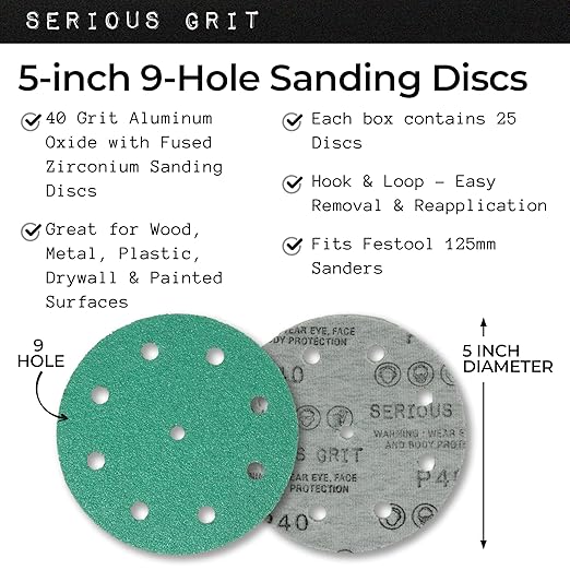5-Inch 9-Hole 40 Grit Sanding Discs - Heavy-Duty Hook & Loop Film Discs - Sandpaper for Random Orbital Sanders - 25 Pack Box
