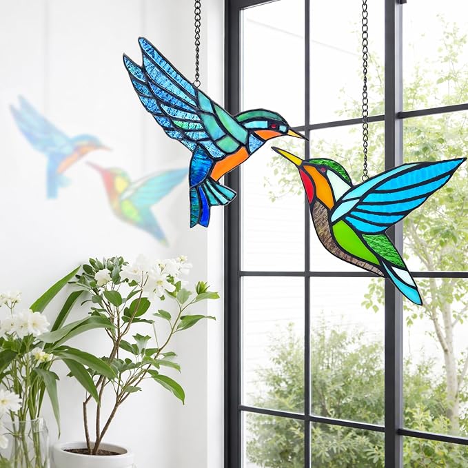2 Packs Hummingbird Stained Glass Window, Real Handmade Stained Glass Window - Image 2