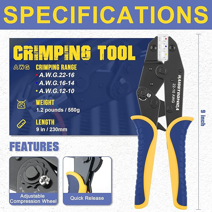 haisstronica Crimping Tool for Heat Shrink Connectors HS-8327 with 200PCS Marine Grade Heat Shrink Butt Connectors of Tinned Red Copper AWG 22-10