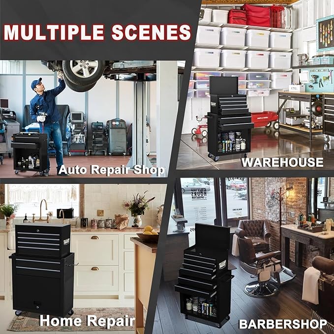 8-Drawer Rolling Tool Chest with Wheels - High Capacity Tool Cabinet with Detachable Top Toolbox for Garage and Workshop Organization - Metal Tool Cart with Liner & 6 Hooks, Black