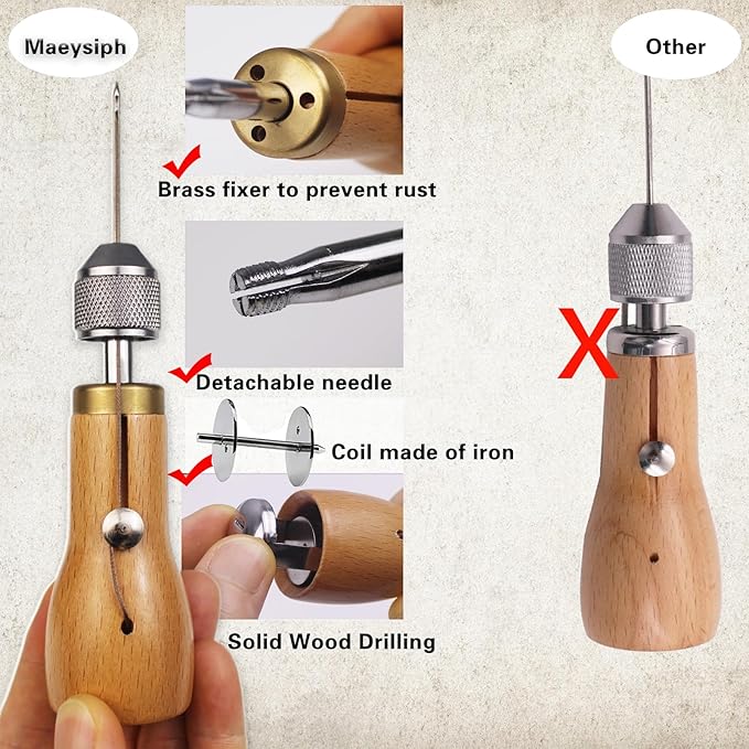 Maeysiph Sewing Awl Kit, Portable Stitching Awl Tool, with Instructions Tape Measure Screw Driver Leather Stitching Needles Wax Wire, Leather Repair Kit for Furniture 25 Pcs for Sewing DIY Craft