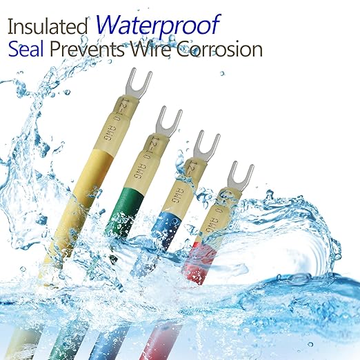 Hordion 100PCS 12-10 AWG Fork Connector, Yellow Heat Shrink Fork Terminals Waterproof and Insulated Electrical Crimp Connectors for Boat Truck Stereo