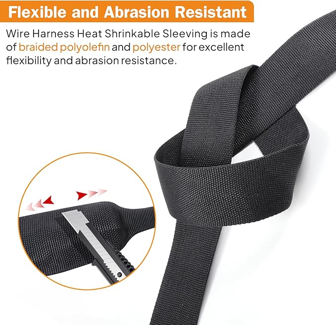 2:1 Ratio Flat Heat Shrinkable Braided Sleeving,Electrical Insulating Tubing,Durable Automotive Fabric Harness Shrinking Sheath (3/4"-42ft)