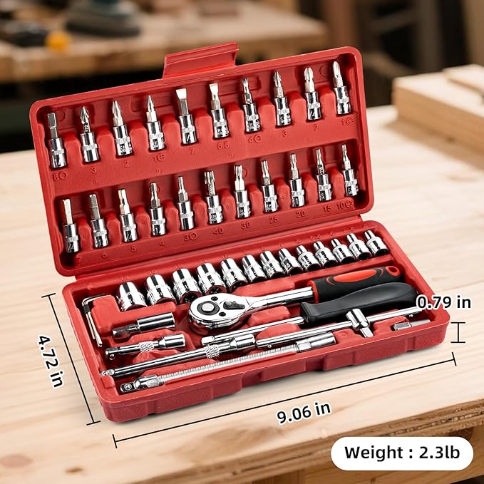 Socket Set, 46 PCS 1/4 Inch Drive Socket Wrench Set, Ratchet Wreches Set with Bit Socket Set Metric & Extension Bar for Auto Repairing and Household, with Storage case