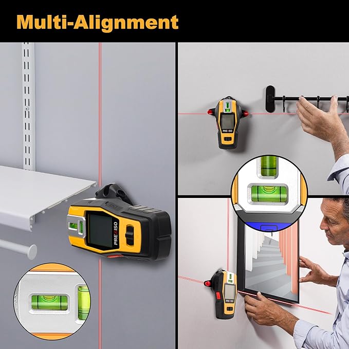 PREXISO 2-in-1 Stud Finder with Laser Level, Rechargeable Multi Surface Cross Line Laser & Wall Stud Scanners Tool for Hanging Frames & Picture, Wood Ac Wire Metal Studs Joist Pipe Detection