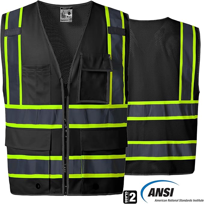 SKSAFETY 10 Pockets Safety Vest, Class 2 High Visibility Security with Zipper Back Mesh, Hi Vis Vest with Reflective Strips, ANSI/ISEA Standard, Construction Work Vest for Men ＆ Women （Black, L）