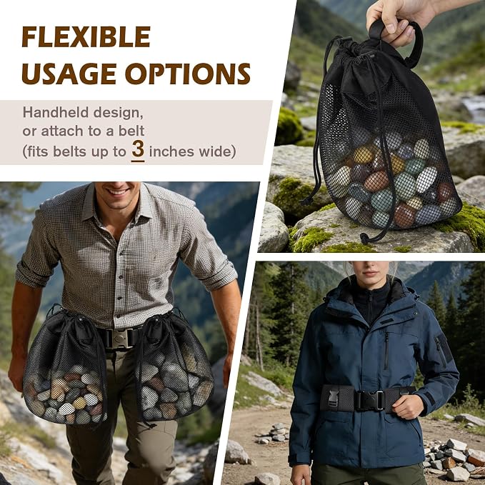 2 Pack Waist Mesh Foraging Bag, Folding Rock Collecting Bag, Foraging Pouch - Image 6