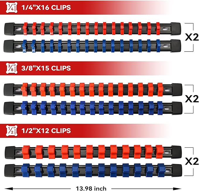 ALOANES 12 PC ABS Socket Organizer,1/2 inch, 3/8 inch, and 1/4 inch Drive Socket Rail Holders, Heavy Duty Socket Racks, Black Rails with Red and Blue Clips