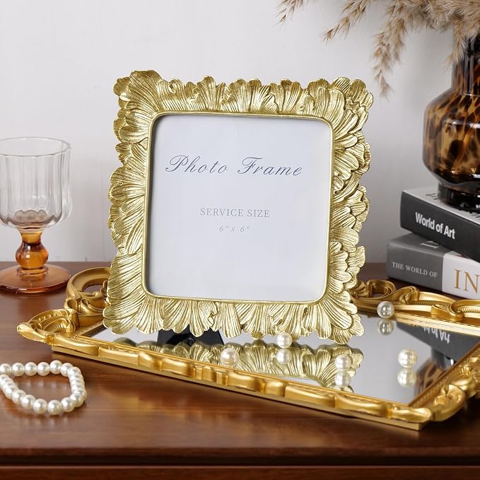 Cuspin 6x6 Gold Picture Frame, Vintage Palm Leaf Square Photo Frame - Image 8