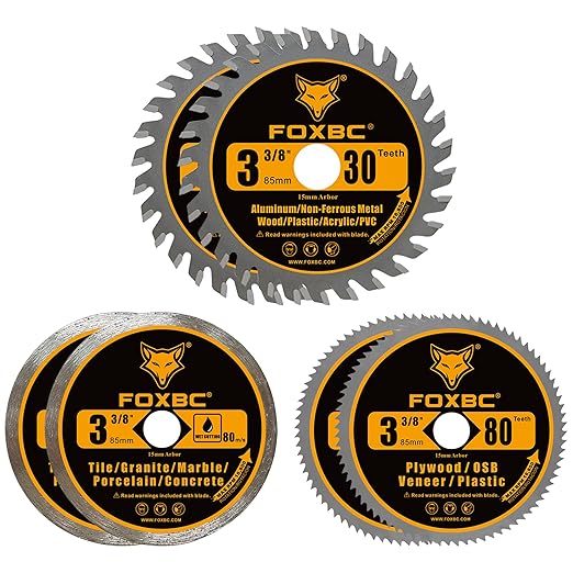 FOXBC 3-3/8 Inch Compact Circular Saw Blade Set, Multi-Material Cut for Wood, Plastic, Metal, Tile Cutting, 15mm Arbor - 6 Pack