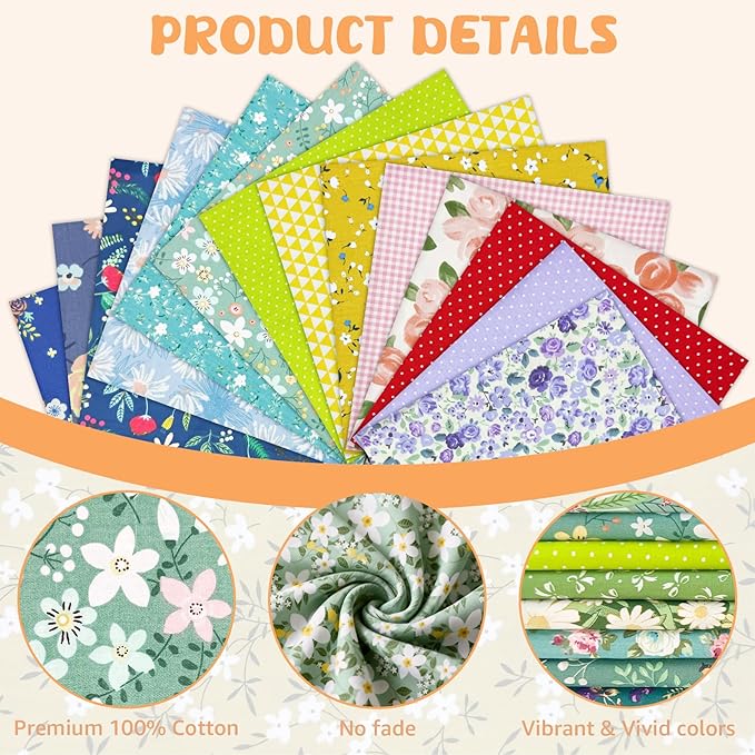 Aubliss 200pcs 100% Cotton Fabric Bundle 4" x 4" PreCut Fat Squares Sheets - Image 3