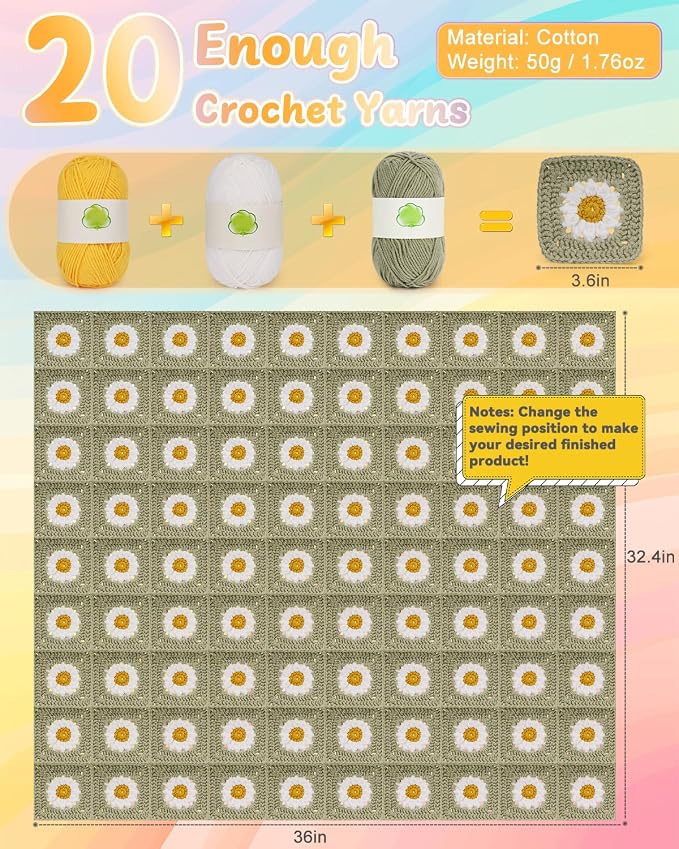 Coopay Crochet Blanket Kit for Beginners, All-in-One Granny Square Blanket Kit - Image 5