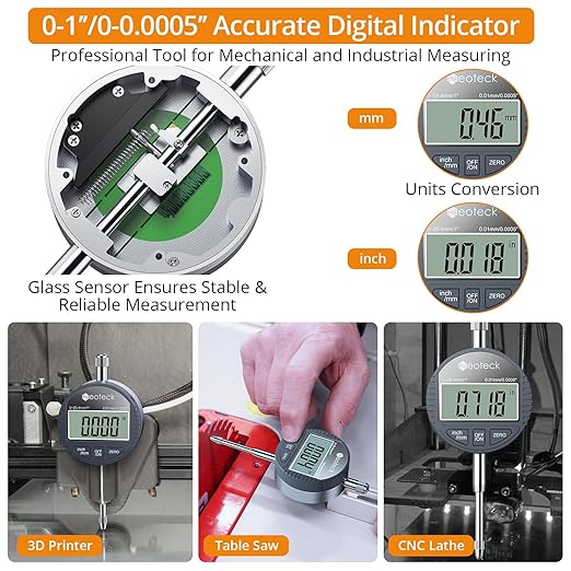 Neoteck 0-1”(0.0005") Digital Dial Indicator Gauge and 132 lbs (60kg) Max Pull Magnetic Base,Digital Dial Indicator Set with Inch/Metric Conversion for 3D Printer and CNC Machine