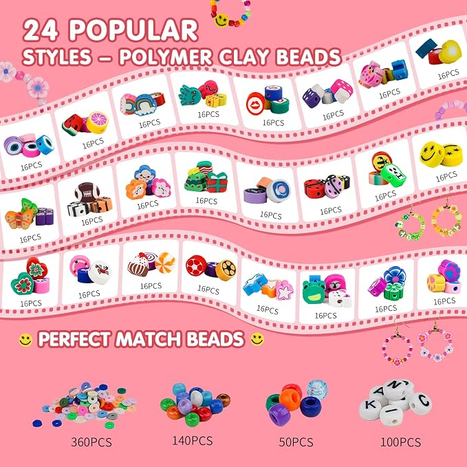 Gionlion 1000PCS Polymer Clay Beads Bracelet Making kit, 24 Style Cute Fun - Image 2